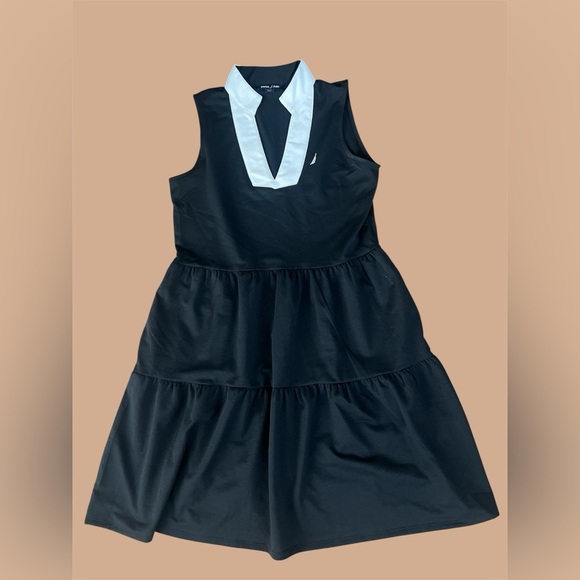 NWT Nautica Jeans Black Tiered Dress with White Accents, sleeveless with pockets - Picture 3 of 7